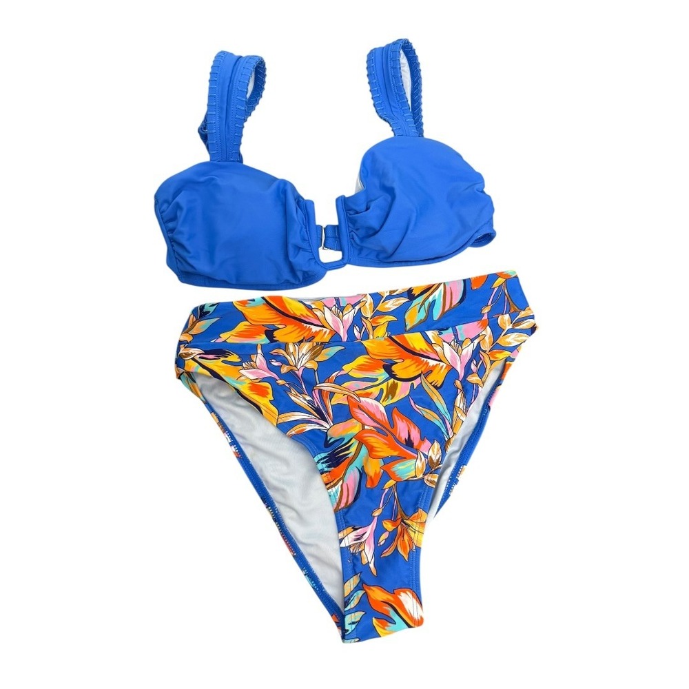 Cupshe 2 Piece Bikini Set Royal Blue U-Wire Top Tropical Floral Bottom S NWT - Picture 3 of 11
